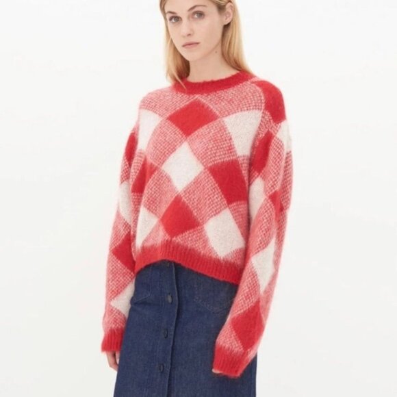 Sandro Sparks Diamond Sweater Red Plaid Mohair Size Small crew neck fluffy - Picture 1 of 11
